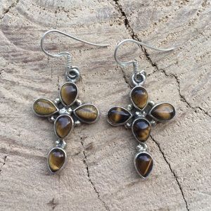 Tigers Eye Sterling Silver Cross Earrings